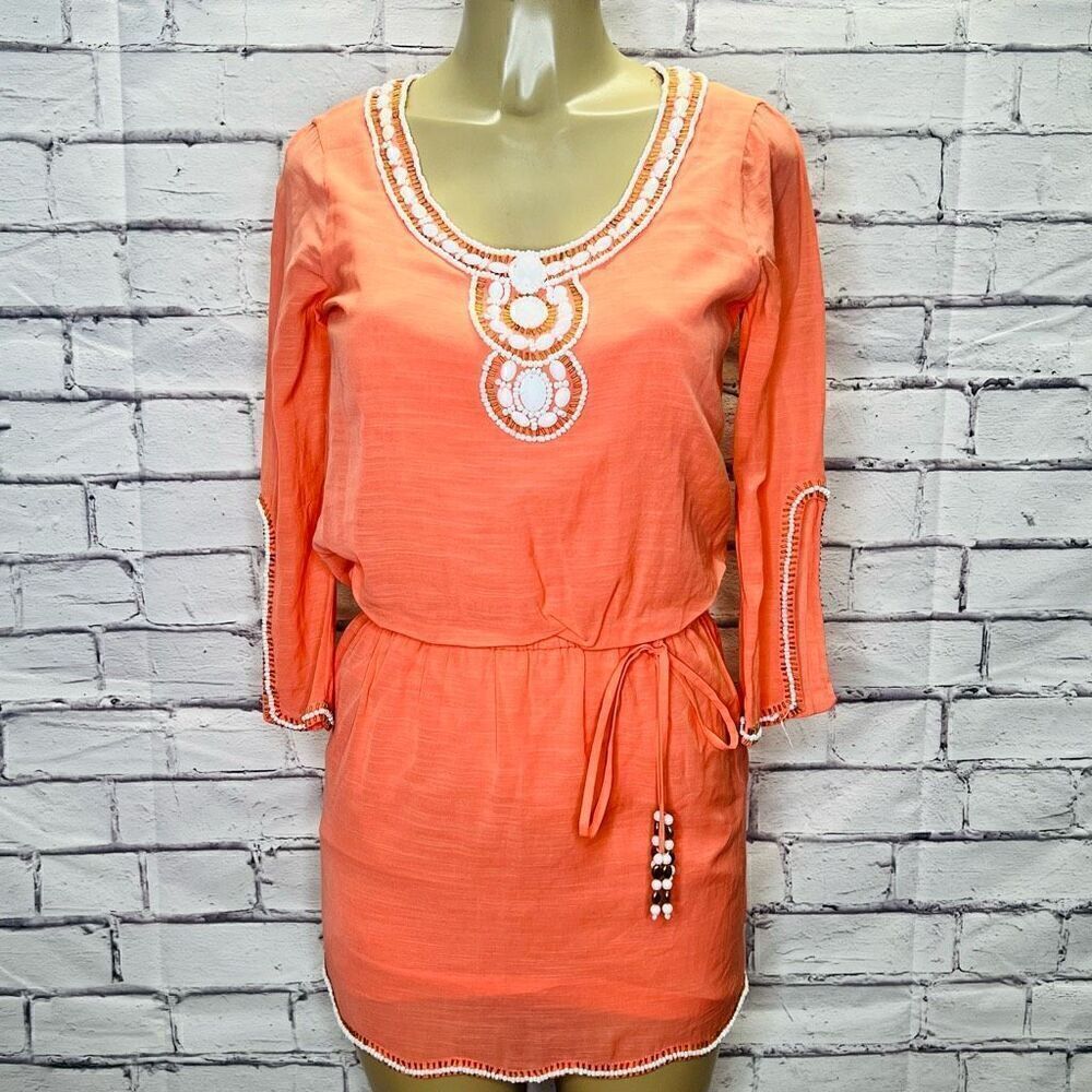 Lilly Pulitzer Womens Peach Orange Linen Beaded Delisa Blouson Dress Size XS